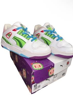 Puma Kids Cocomelon White & Green Low-Top Sneakers with Blue Accents